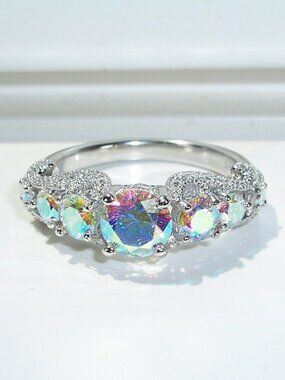 925 STERLING SILVER Aurora Borealis Cubic Zirconia Ring Round Cut